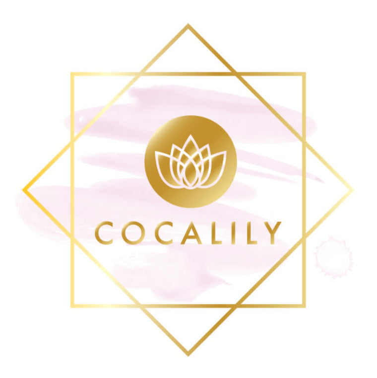 Cocalily logo is a gold sqaure with a gold diamond shape with the cocalily name and water lily design in a gold circle with pink paint swipes behind it