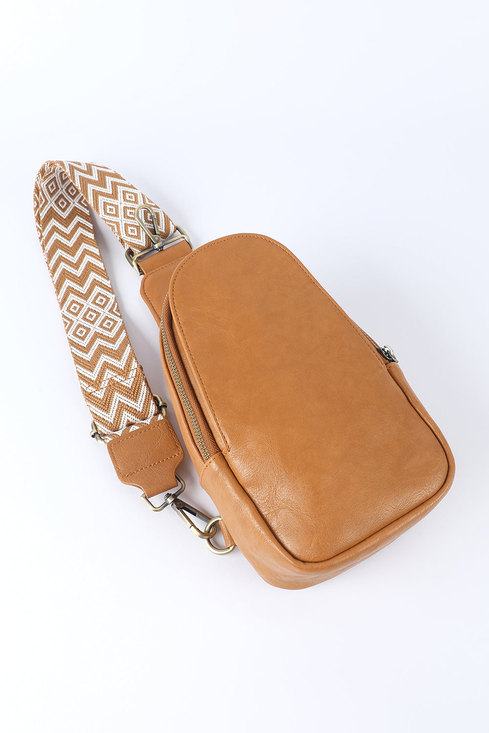Camel sling bag with camel and white chevron adjustable strap