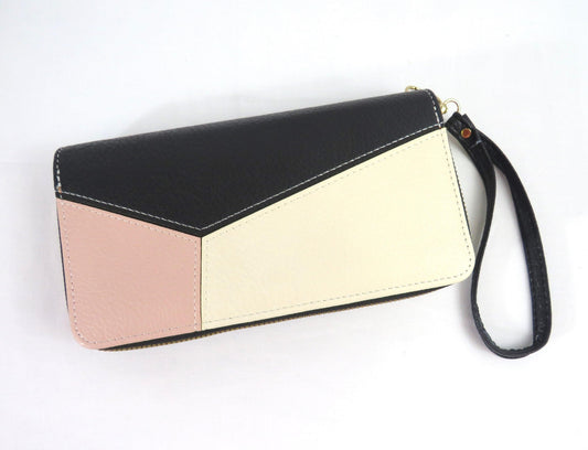 Double zipper colorblock wallet with black, pink, white and a wristlet 