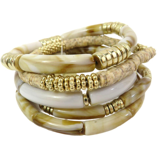 5 strand gold, cream and tan acetate bracelet set on a white background