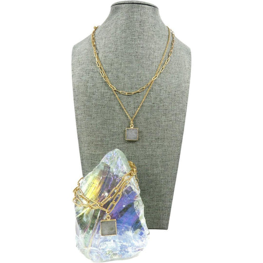 double layer gold chain necklace with square labradorite stone on a necklace mannequin below it a clear crystal with a double layer chain bracelet with a square labradorite stone on a white background