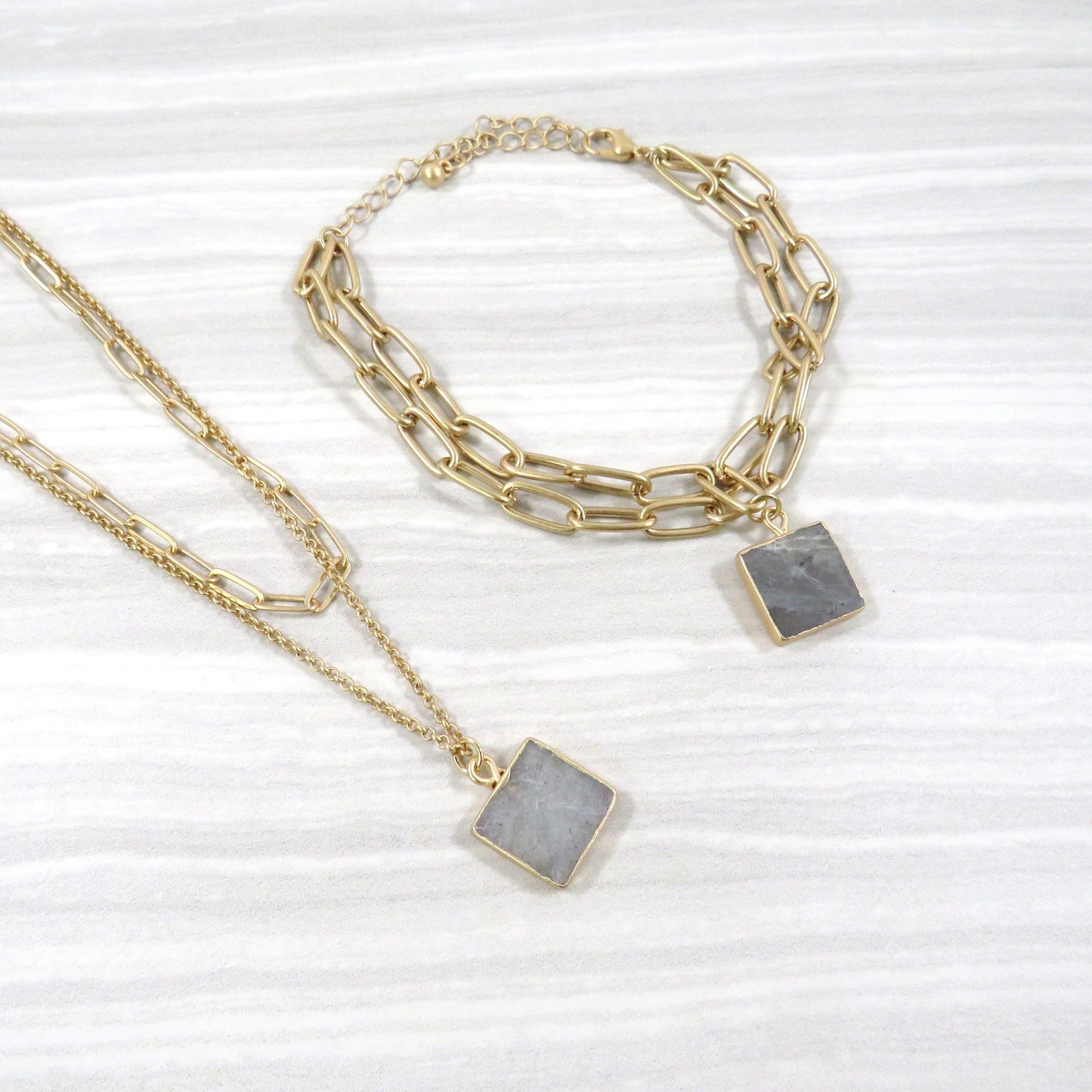 Square Stone Necklace and Bracelet Set - Cocalily